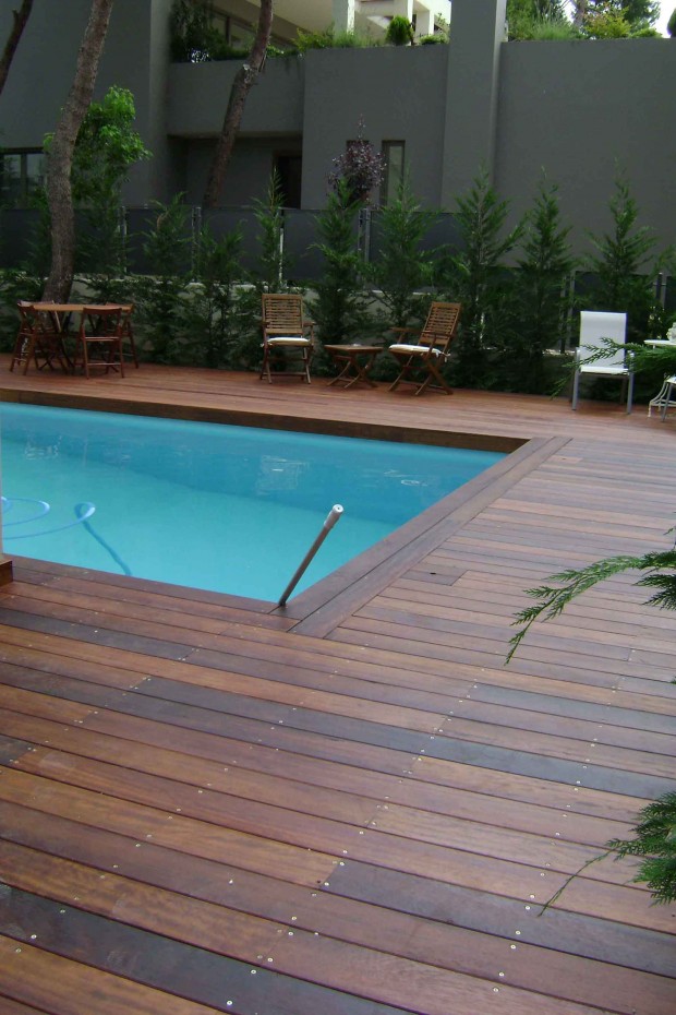pool deck with iroko wood