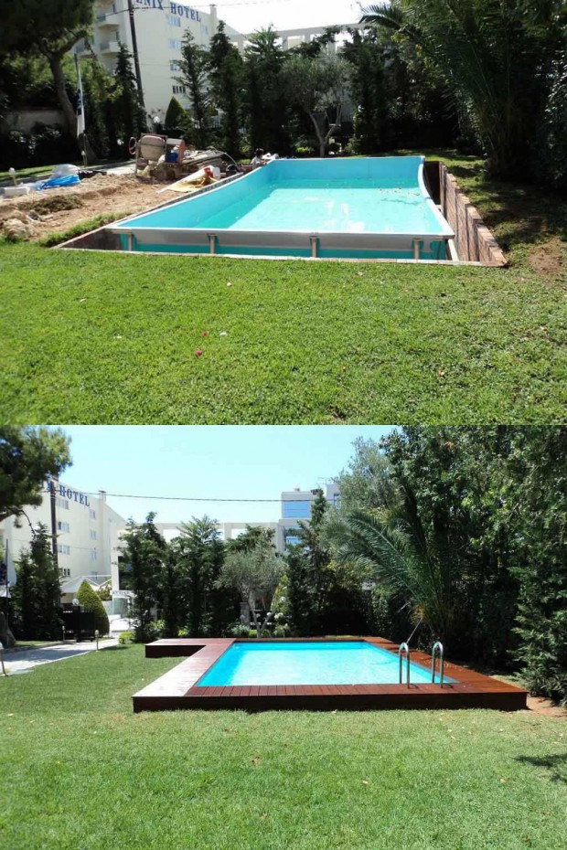 Κατασκευή pool deck σε κήπο, με σκελετό από εμποτισμένα δοκάρια πεύκης και επένδυσή του με τάβλες από ξυλεία πεύκης